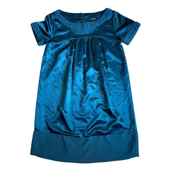BCBG Paris Green Satin Mini Shift Dress - Size 10 - Picture 1 of 8